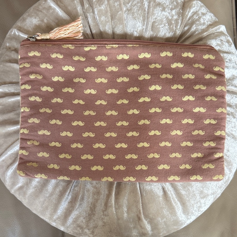Tan and Dusty Mauve Zip Pouch with Mustache Pattern